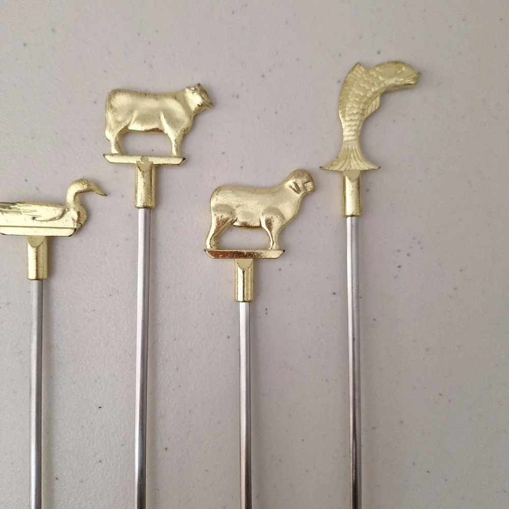 Vintage Set Of 6 Brass Skewers‎ Tops Farm Animals 15